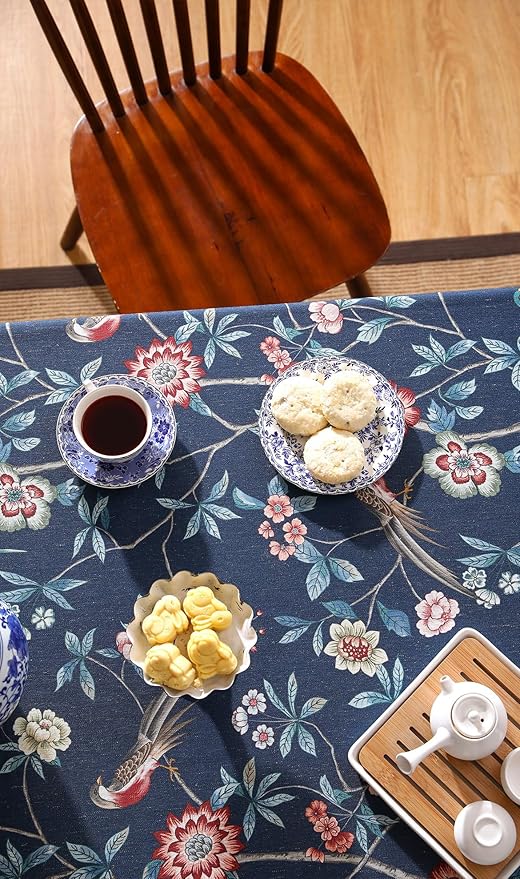 patdrea Designer Vintage Dark Blue Linen Rectangular Tablecloth,Navy French Floral and Birds Pattern Table Cloth,Decoration Table Cover for Kitchen,Dining,Tea Party,Home,Christmas,63"*94"