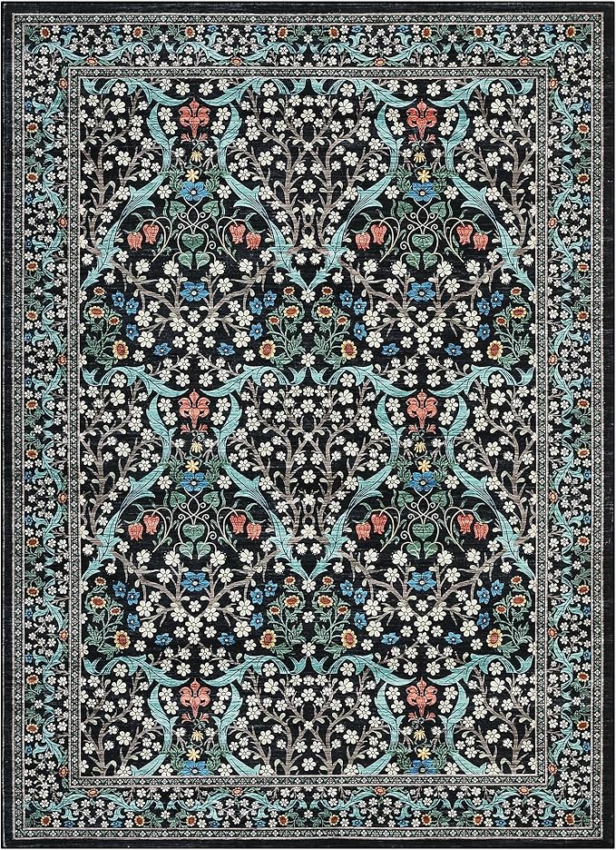 GarveeHome 6x9 Washable Area Rug for Living Room, Floral Dining Room Rugs for Under Table, Low Pile Non-Slip Stain Resistance Floor Carpet for Bedroom, Black