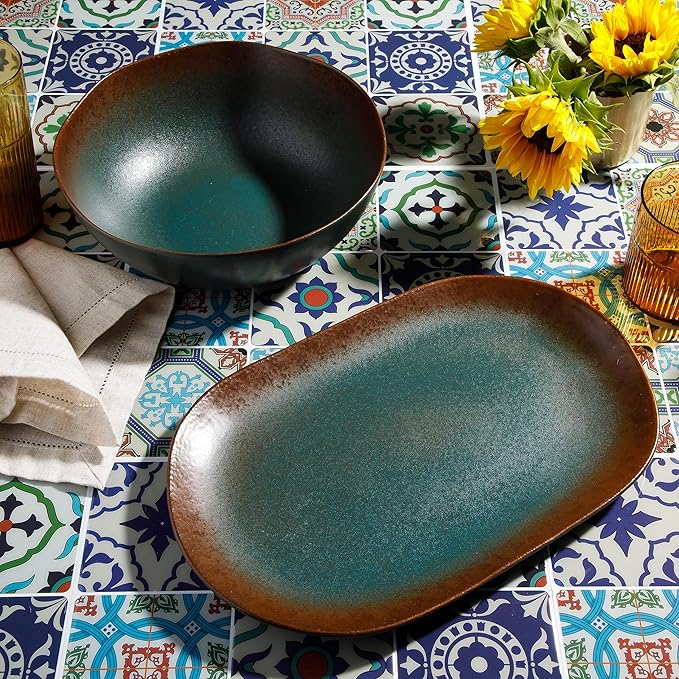 Bloomhouse - Two Time Oprah's Favorite Things Winner - Palermo Sun 2 Piece Serving Bowl and Oval Platter Stoneware Reactive Glaze Serveware Set - Agave Blue