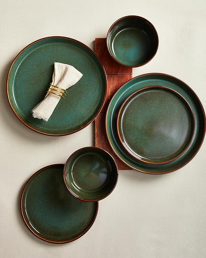 Plates and Bowls Sets for 8, Ceramic Dinnerware Sets, Kitchen Dish Set, Microwave & Dishwasher Safe Dishware, Highly Durable Handcrafted Dinner Set, Brown Green