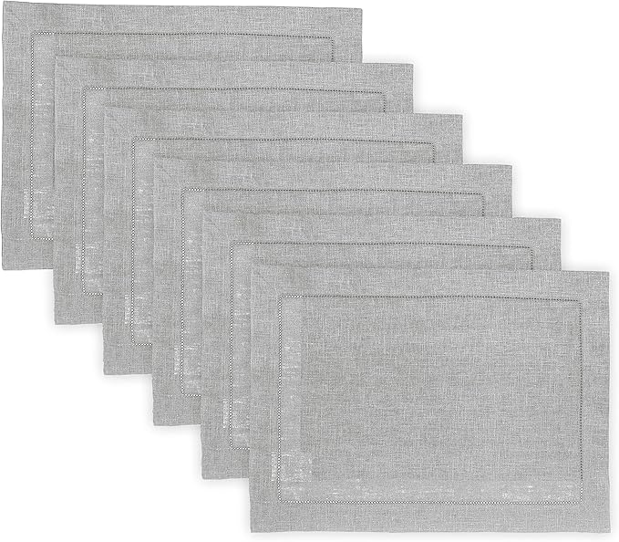 Solino Home Linen Cloth Placemats Set of 6-100% Pure Linen Hemstitch Soft Grey Placemats 14 x 19 Inch - Classic Hemstitch Table Place Mats for Winter, Spring, Easter
