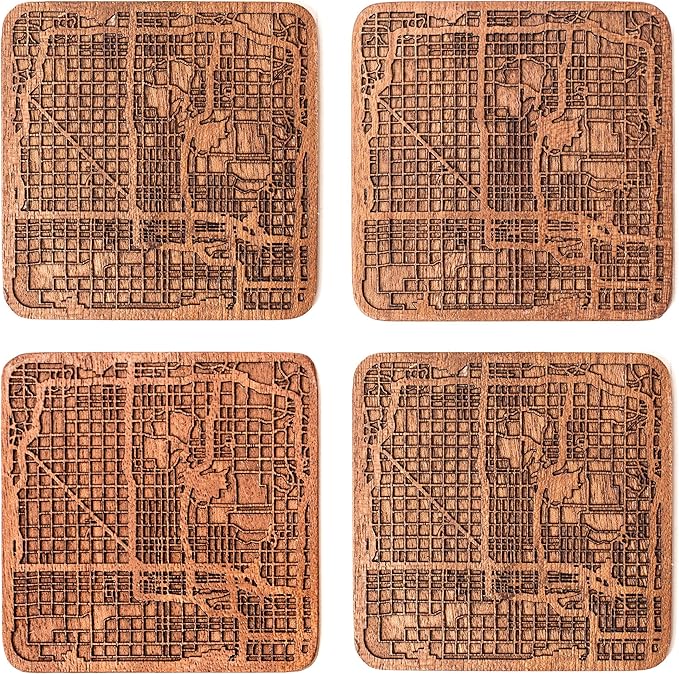 Phoenix Map Coaster by O3 Design Studio, Set Of 4, Sapele Wooden Coaster With City Map, Handmade