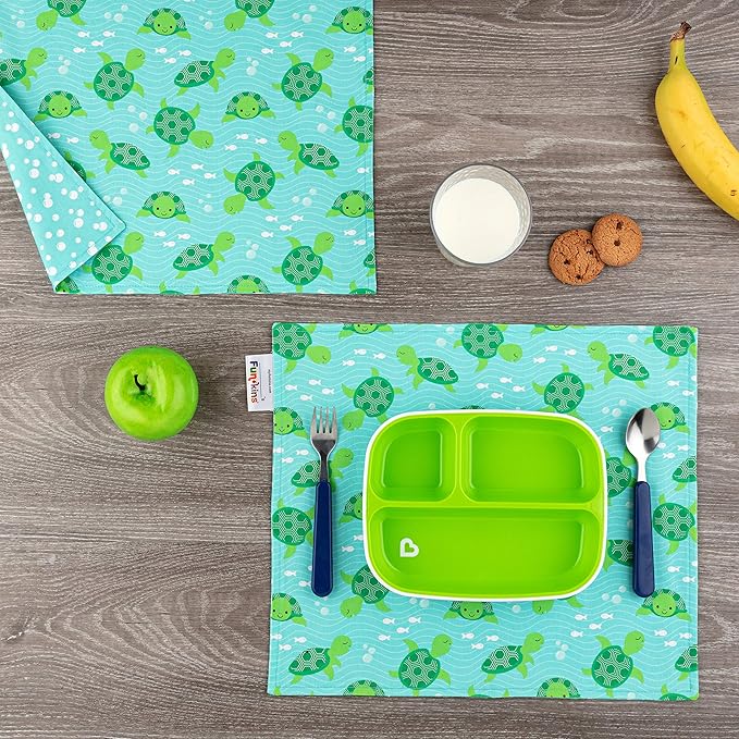 Funkins Reusable Cloth Placemats for Kids & Lunch Boxes | Reusable, Eco-Friendly | 15"x13", 2-ply, Thick, Absorbent, Machine Washable | Set of 2 Placemats (Sea Turtles)