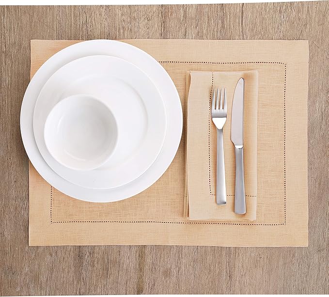 Solino Home Linen Napkins Set of 4 - Classic Hemstitch 100% Pure Linen Beige Dinner Napkins Cloth 20 x 20 Inch for Spring, Easter - Handcrafted and Machine Washable