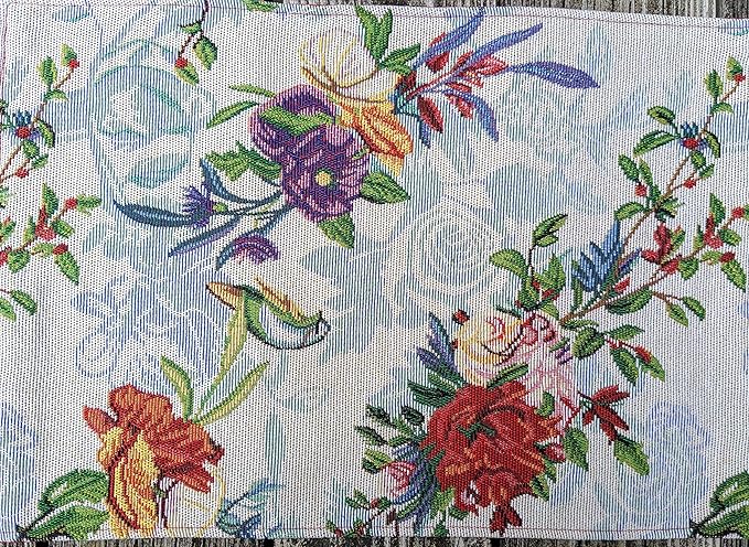 DaDa Bedding Tropical Paradise Floral Blue Roses Placemats - Set of 4 Tapestry Nature Birds Exotic Flowers Botanical Garden Berries - Decorative Linen Woven Kitchen Dining Table Mats - 13” x 19”