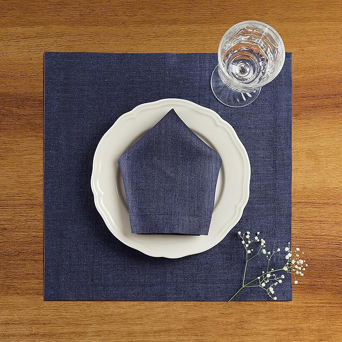Solino Home Linen Square Placemats Set of 4 - Chambray Navy Placemats 14 x 14 Inch - 100% Pure Linen Table Mats for Winter, Spring - Athena