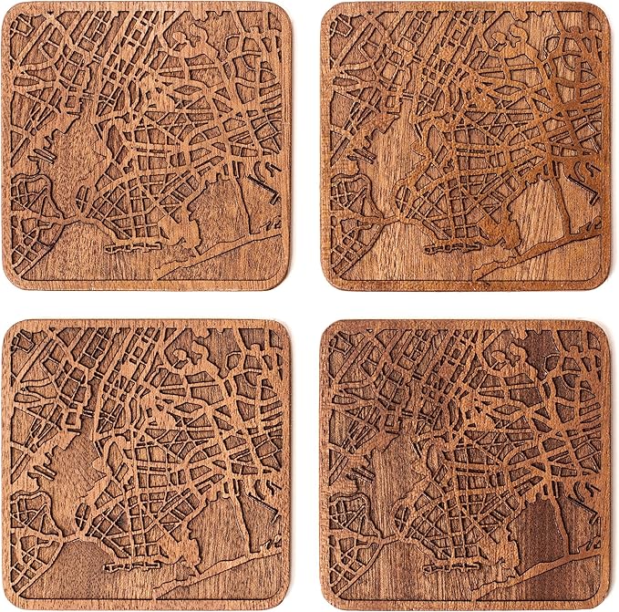 New York Map Coaster by O3 Design Studio, Set Of 4, Sapele Wooden Coaster With City Map, Handmade