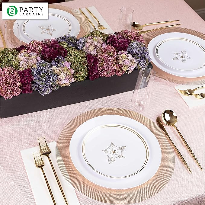 PARTY BARGAINS 13-Inch Charger Plates - 48 Pack, Clear Gold Rope Textured Rim, Heavy-Duty Disposable Chargers for Elegant Dining - Ideal for Weddings and Formal Events