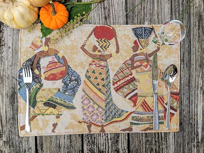DaDa Bedding Dancing Women Tapestry Dining Table Placemats - Set of 4-Pieces Festive Celebrate Kwanzaa - Tribal African Tribal Culture - Decorative Cotton Linen Woven Kitchen Mats - 13” x 19” (18117)
