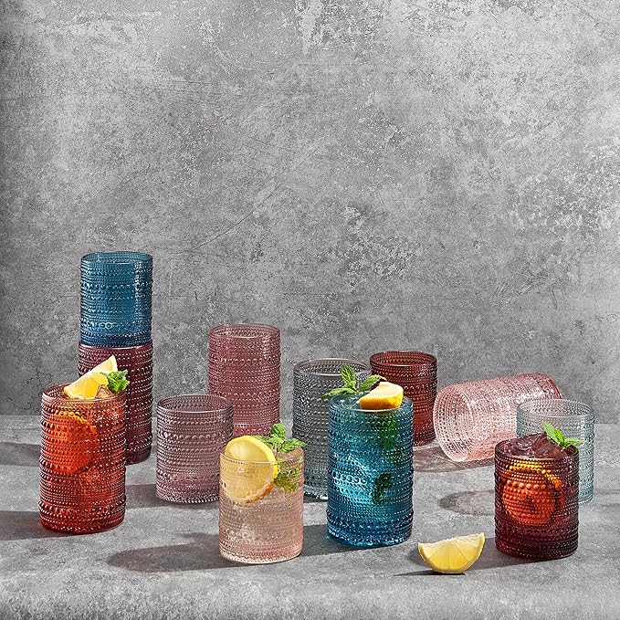Beaded Hobnail Drinking Glasses Set | Set of 12 | 6x Tumbler 11 OZ + 6x Highball 12 OZ Bubble Design Whiskey Glassware, Old-Fashioned, Embossed Design Glass for Water, Wine, Cocktail HAND WASH ONLY