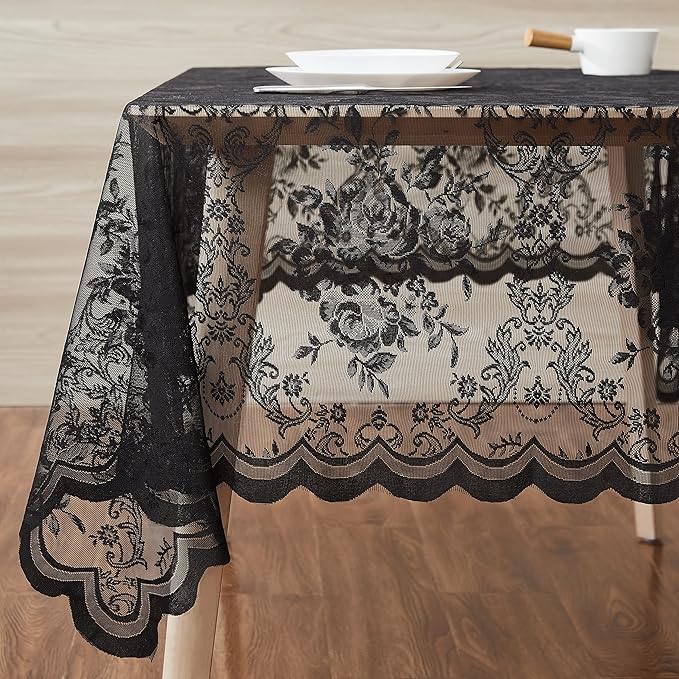Warm Home Designs 70 x 70 Square Lace Tablecloth with English Rose Pattern. Use for Card or Dining Table. Black Tablecloth for 4-8 Guests. LTC Black 70