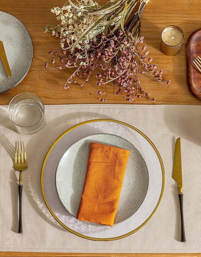 Linen Cloth Table Placemats Set of 4 Beige Dining Table Mats for Indoor Neutral Boho Kitchen Plate Place Mats Washable Water Repellent 12x18 Inch