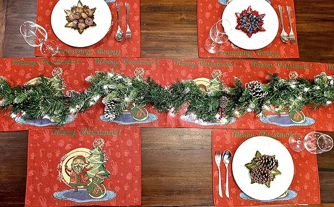 DaDalogy Red Merry Christmas Santa Claus Placemats Set of 4 Festive Winter Holiday Tapestry - Cotton Linen Wove Dining Room Table Mats - 13” x 19” (17615)