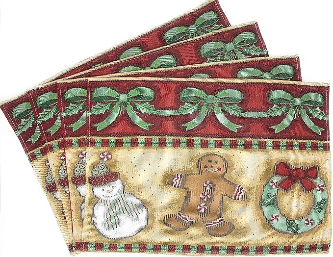 DaDa Bedding Gingerbread Snowman Sweets Placemats - Set of 4 Festive Christmas Wreath Holiday Tapestry - Cotton Linen Woven Dining Table Mats - 13” x 19” (12917)