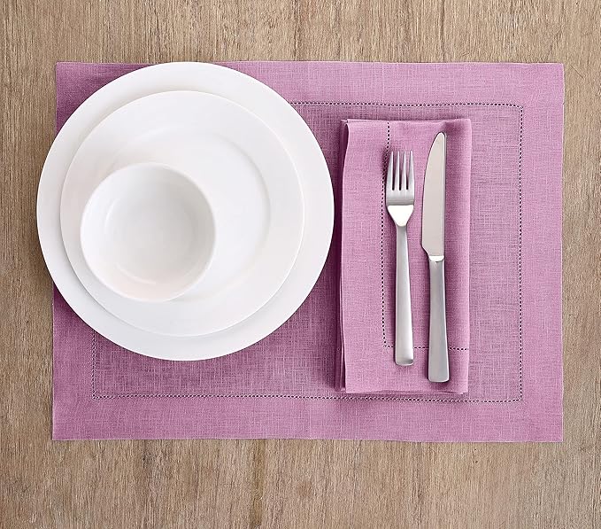 Solino Home Linen Cloth Placemats Set of 4-100% Pure Linen Hemstitch Violet Placemats 14 x 19 Inch - Classic Hemstitch Table Place Mats for Valentines, Spring, Easter