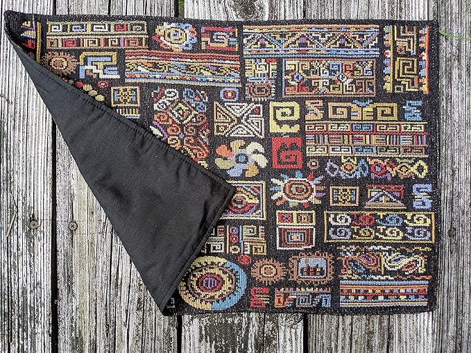 DaDa Bedding Bohemian Ethnic Ornaments Tapestry Placemats - Set of 4-Pieces Greek Ethnic Calligraphy Geometric Colorful Dark Black Design - Decorative Cotton Woven Kitchen Dining Mats - 13” x 19”