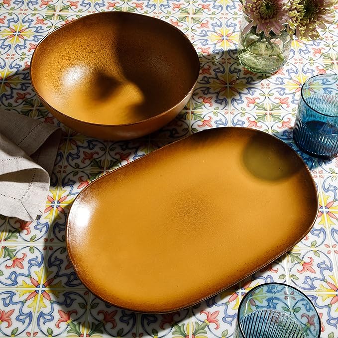 Bloomhouse - Two Time Oprah's Favorite Things Winner - Palermo Sun 2 Piece Serving Bowl and Oval Platter Stoneware Reactive Glaze Serveware Set - Turmeric Yellow