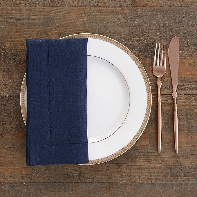 Solino Home Navy Blue Linen Napkins Set of 4-100% Pure Linen Hemstitch Dinner Napkins 20 x 20 Inch for Winter, Easter - Classic Hemstitch