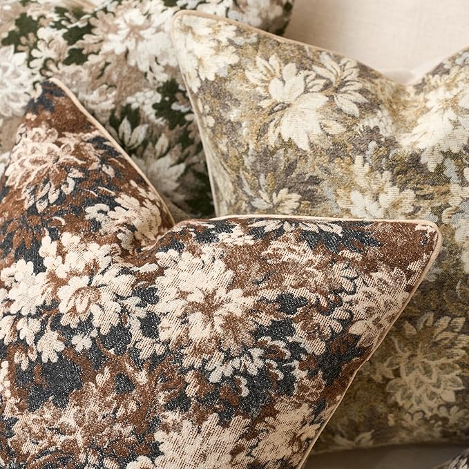 Yangest Neutral Floral Pillow Cover 20 x 20 Inches, Vintage Chenille Square Throw Pillow Cover Soft Decorative Farmhouse Accent Couch Pillow Cover for Living Room Bedroom, Coffee Brown