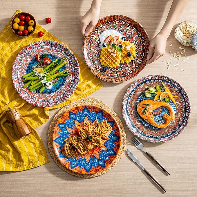 UNK U Melamine Dinner Plates Set of 6, 10.5 Inch Bohemian Plates in 6 Vibrant Colors, Unbreakable Dinner Plates for Kitchen, Weddings, Birthdays, Entertaining, Dishwasher Safe