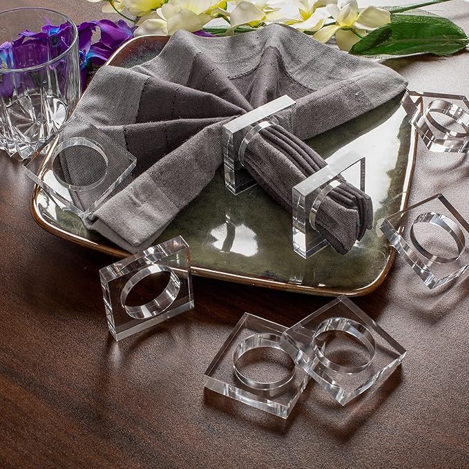 CLEENTABLE Acrylic Set of 12 Square Beveled Napkin Ring - Cloth Napkin Rings Serviette Buckles for Wedding, Birthday, Banquet, Table Décor, Home Décor, Gifting (Transparent)