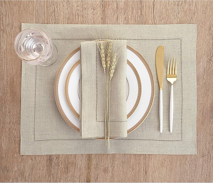 Solino Home Linen Placemats Set of 4 - Classic Hemstitch Natural Placemats 14 x 19 Inch - 100% Pure Linen Table Mats for Spring, Easter