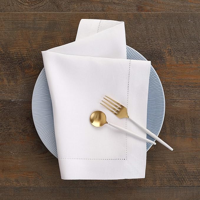 Solino Home White Linen Napkins Set of 6-100% Pure Linen Hemstitch Dinner Napkins 20 x 20 Inch for Winter, Valentines, Spring, Easter - Classic Hemstitch
