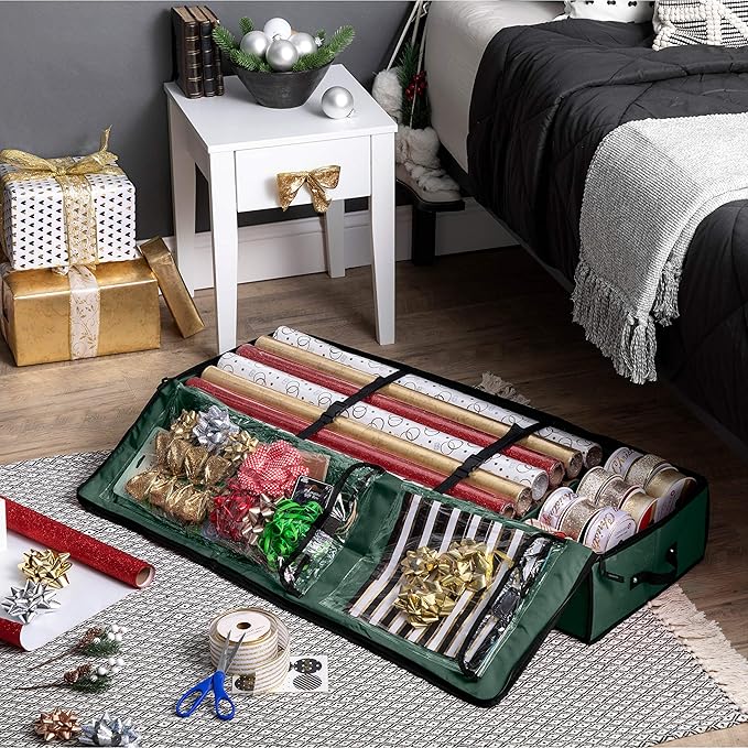 ZOBER Gift Wrapping Paper Organizer Storage - 40" Gift Wrap Storage Containers with Interior Pockets for Bows, Tags & Ribbons - Wrapping Paper Holder, 600D Oxford, Fits 24 Standard Rolls, Green/Black