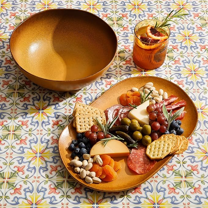 Bloomhouse - Two Time Oprah's Favorite Things Winner - Palermo Sun 2 Piece Serving Bowl and Oval Platter Stoneware Reactive Glaze Serveware Set - Turmeric Yellow