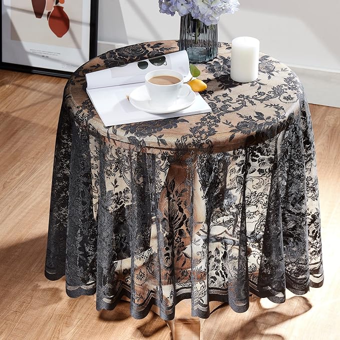 Warm Home Designs 36 Inch Round Tablecloth with English Rose Design-Round Coffee Table Cover. LTC Black 36"