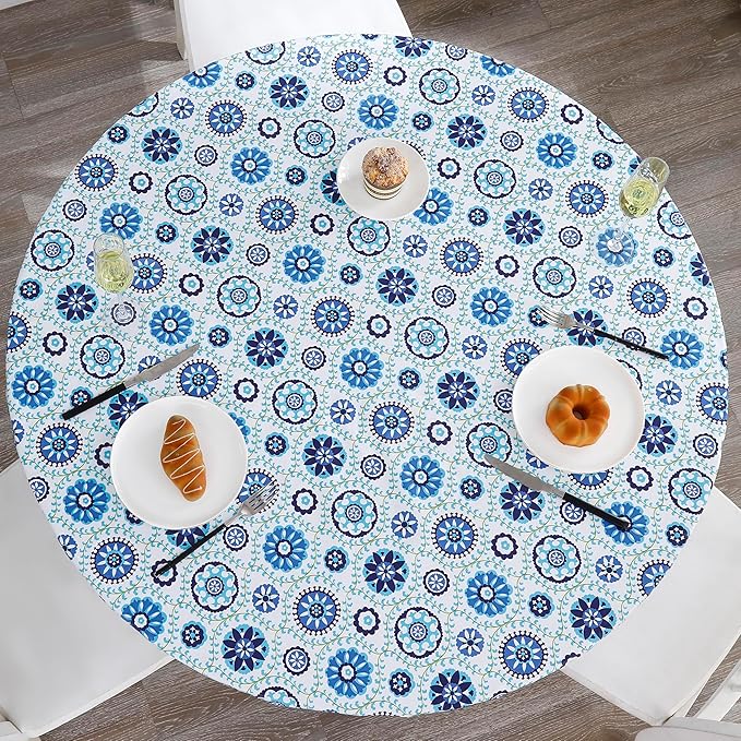 Walrus Round Vinyl Fitted Tablecloth with Flannel Backing Elastic Edge Design Table Cover Waterproof Oil-Proof PVC Table Cloth Stain-Resistant Best for 32"-36" Round