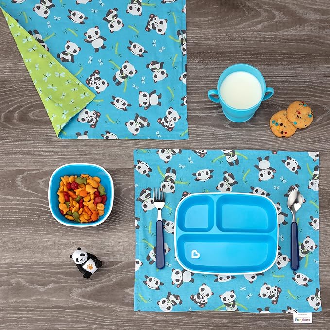 Funkins Reusable Cloth Placemats for Kids & Lunch Boxes | Reusable, Machine Washable, Eco-Friendly | 15"x13", 2-ply, Thick, Absorbent, Durable | Set of 2 Placemats (Pandas)
