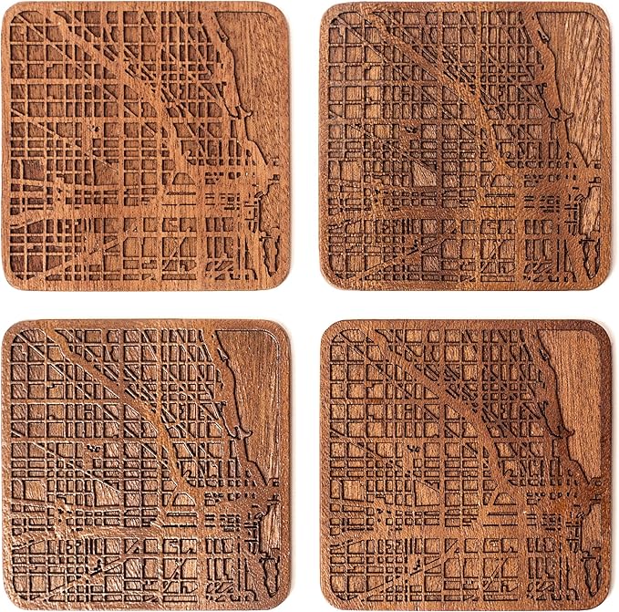 Chicago Map Coaster by O3 Design Studio, Set Of 4, Sapele Wooden Coaster With City Map, Handmade