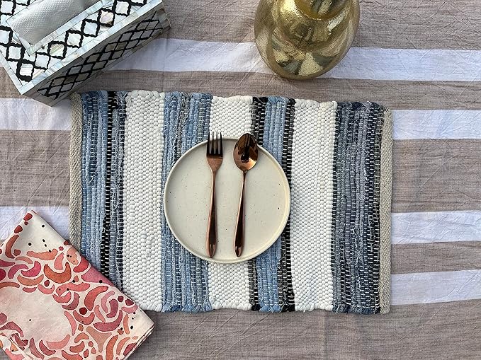 Perilla Home Natural Chindi Jute Placemats Set of 4 Vintage Boho 13x19 Inch Table Mats for Kitchen Dining Home Decor Rectangle Printed Rustic Placemat (Nagiso)