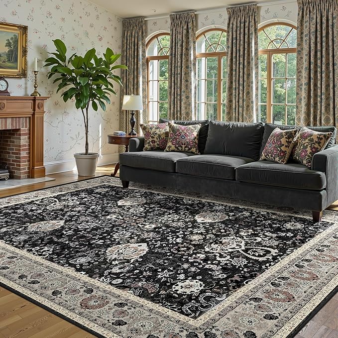 9x12 Rugs for Bedroom, Vintage Washable Rugs Non Slip Large Area Rug for Living Room Dining Room Office, Floor Decoration Big Rug Carpet Low-Pile Kid & Pet Friendly(Blcak Navy Multi