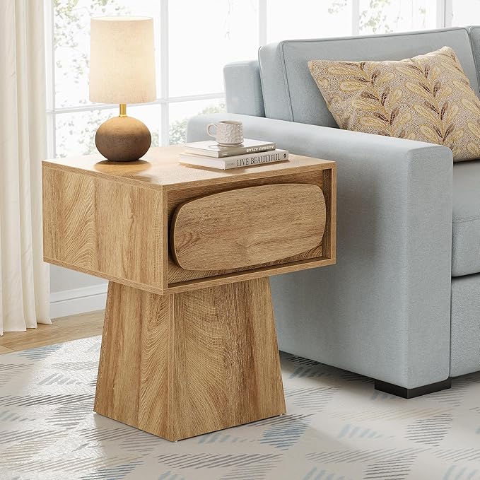 Tribesigns Side End Table with Storage Drawer for Living Room, Bedroom, Office and Dorm Small Space, Modern Mid-Century Accent Farmhouse Bedside with Oval-Shaped Handle, Night Stand Easy Assembly