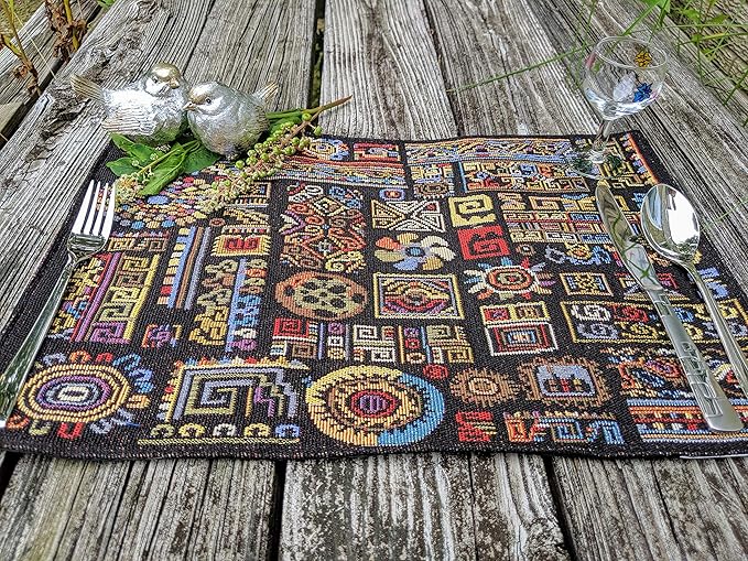DaDa Bedding Bohemian Ethnic Ornaments Tapestry Placemats - Set of 4-Pieces Greek Ethnic Calligraphy Geometric Colorful Dark Black Design - Decorative Cotton Woven Kitchen Dining Mats - 13” x 19”