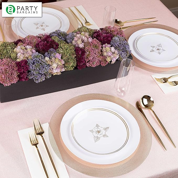 PARTY BARGAINS 13-Inch Charger Plates - 96 Pack, Clear Gold Rope Textured Rim, Heavy-Duty Disposable Chargers for Elegant Dining - Ideal for Weddings and Formal Events
