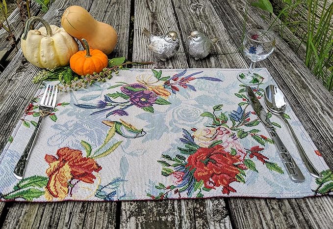 DaDa Bedding Tropical Paradise Floral Blue Roses Placemats - Set of 4 Tapestry Nature Birds Exotic Flowers Botanical Garden Berries - Decorative Linen Woven Kitchen Dining Table Mats - 13” x 19”