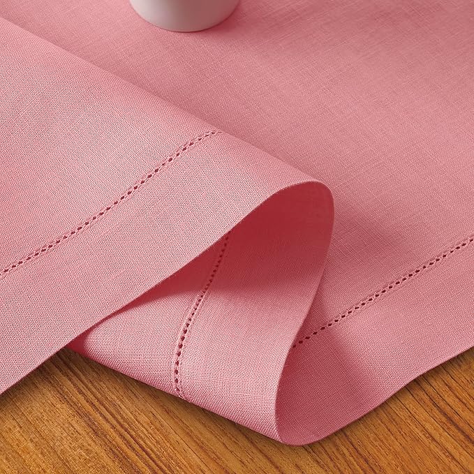 D'Moksha Homes Linen Dusty Pink Table Runner 120 Inches Long - 100% Pure Linen Hemstitch 14 x 120 Inch Table Runner for Dining, Valentines, Spring, Easter - Classic Hemstitch