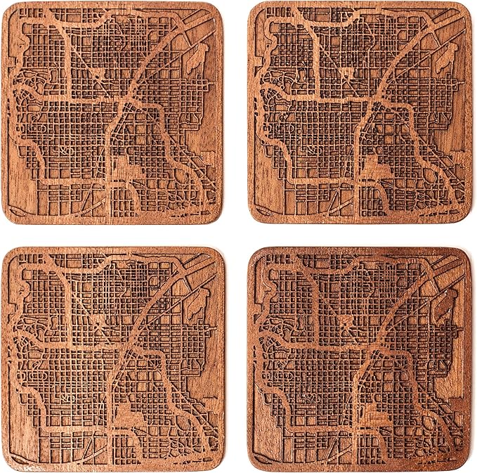Las Vegas Map Coaster by O3 Design Studio, Set Of 4, Sapele Wooden Coaster With City Map, Handmade