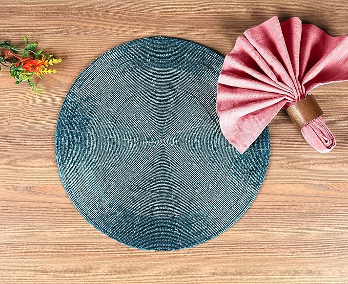 Lightnpro Beaded Placemats Set of 4 - Round Handmade Farmhouse Table Chargers - Decorative Glitz Placemats for Dining Table, Holiday Parties, Wedding, Kitchen & Event Décor - 13 Inch Teal