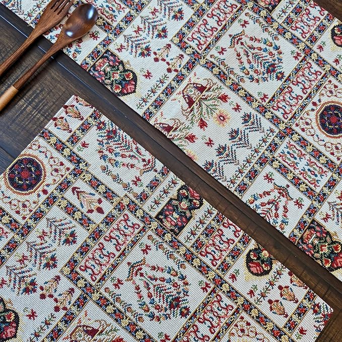DaDa Bedding Elegant Floral Tapestry Placemats - Set of 4, Mughal-Inspired Woven Cotton Linen Dining Mats, Multi-Colored Vintage Garden Design - 13” x 19