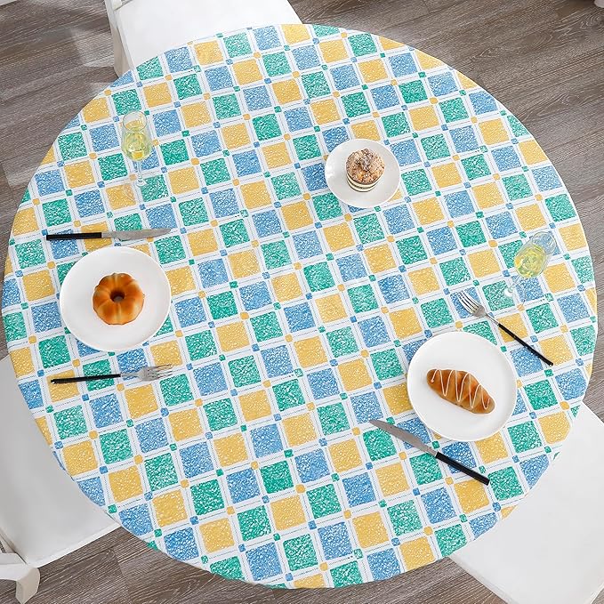 Walrus Round Vinyl Fitted Tablecloth with Flannel Backing Elastic Edge Design Table Cover Waterproof Oil-Proof PVC Table Cloth Stain-Resistant Best for 37"-44" Round