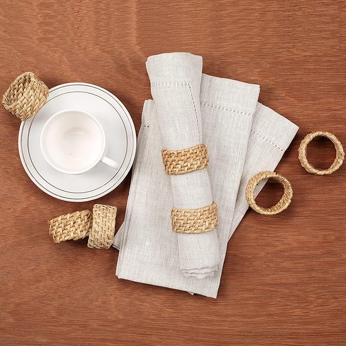 Napkin Rings Set of 12 - Handwoven Rustic Rattan Napkin Holders Table Decor for Dinners, Weddings, Holidays, Parties & Everyday Use - Natural Tan - Serviette Rings (Brown) - ALPHA Living HOME