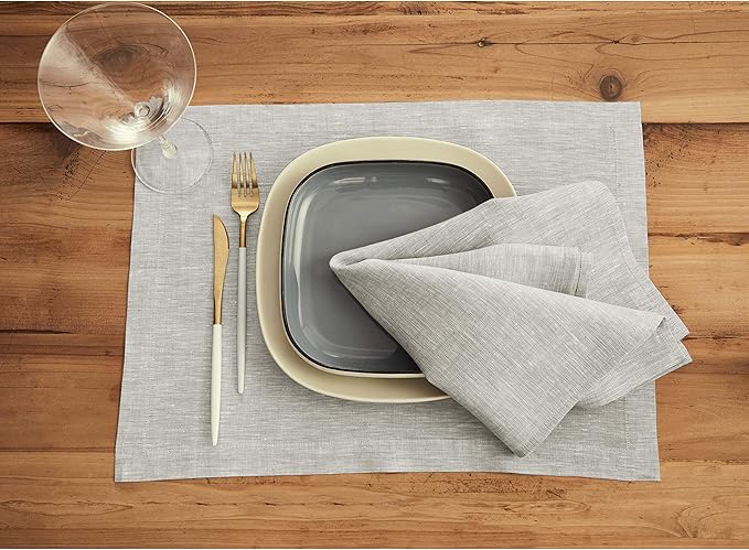 Solino Home Linen Placemats Set of 4-100% Pure Linen Oyster Grey Cloth Placemats 14 x 19 Inch for Spring, Easter - Athena