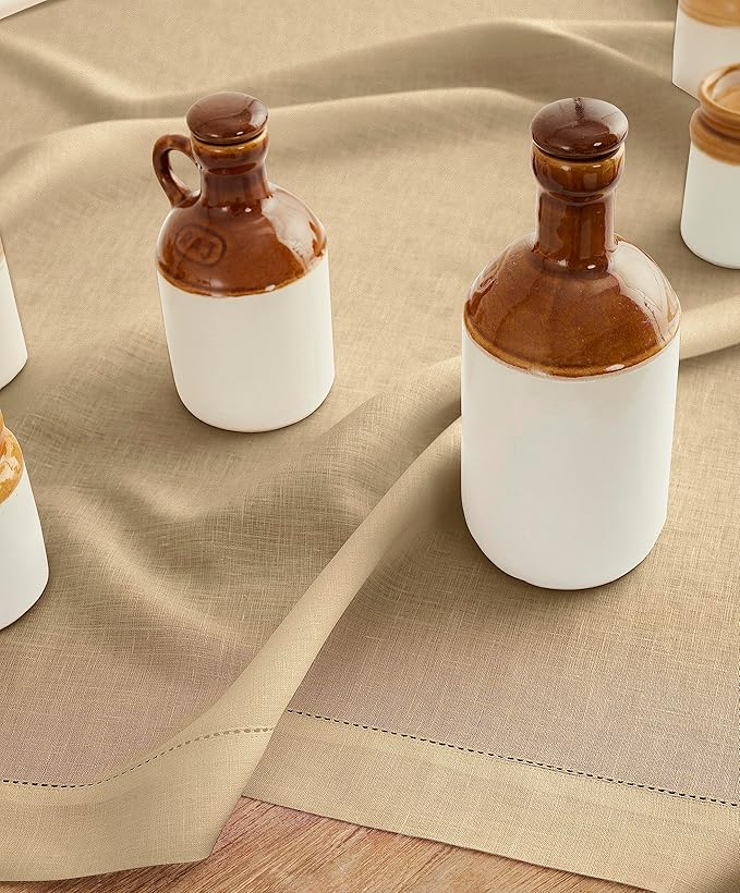 Solino Home Linen Square Tablecloth 52 x 52 Inch - 100% Pure Linen Beige Table Throw - Classic Hemstitch, Machine Washable Table Cloth for Spring, Easter