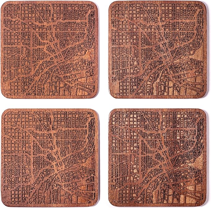 Detroit Map Coaster by O3 Design Studio, Set Of 4, Sapele Wooden Coaster With City Map, Handmade
